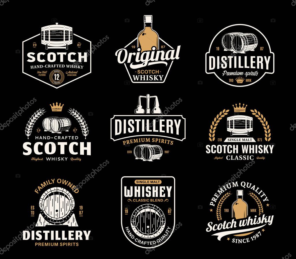 Vector white and gold vintage scotch whisky logo isolated on a black background for distillery, bar, pub branding, design and identity