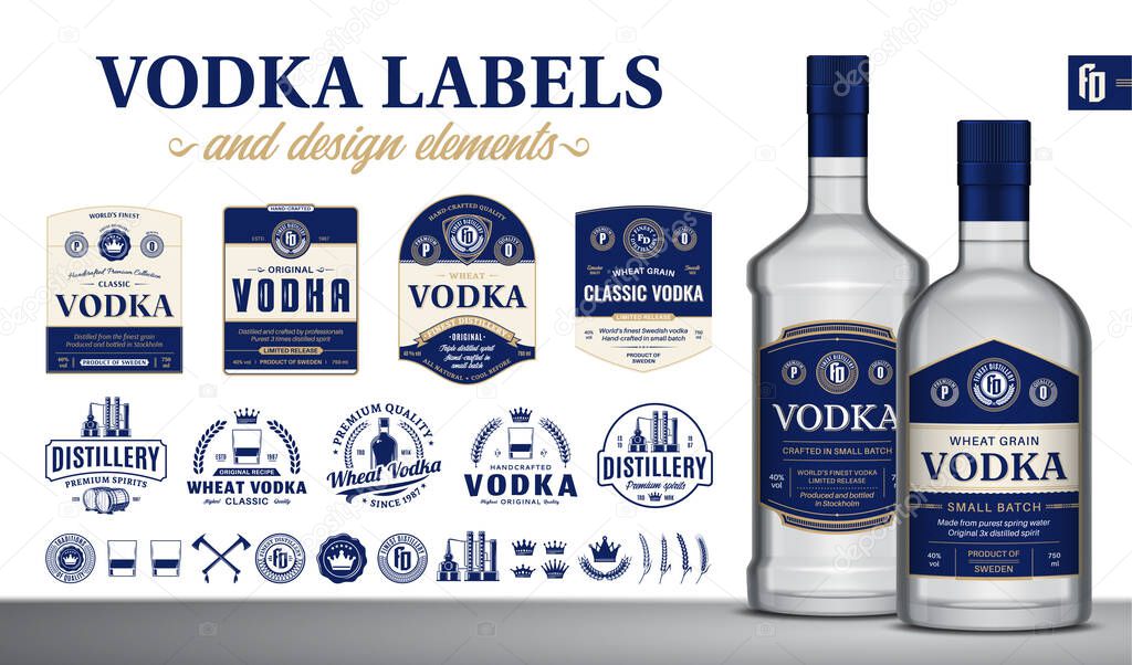 Vector blue and beige vodka labels. Realistic vodka glass bottle mockups. Distillery branding and identity design elements