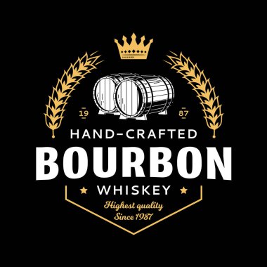 Siyah arka planda izole edilmiş viski, beyaz ve altın rengi logo. Damıtma işi markalaştırma ve kimlik tasarım elementleri