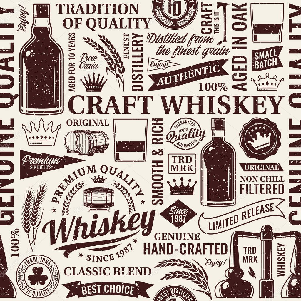 Retro styled typographic vector whiskey seamless pattern or background. Whiskey and distilling company icons, branding and identity design elements