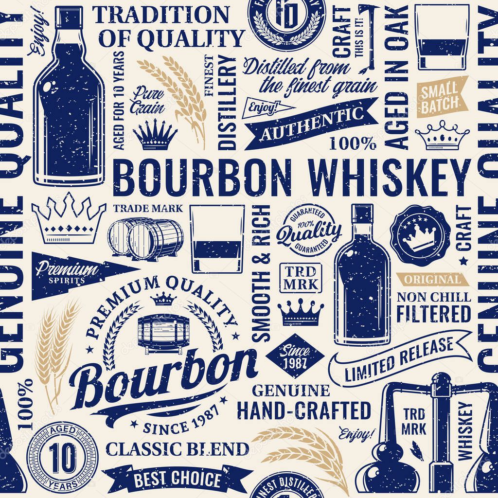 Retro styled bourbon whiskey seamless pattern or background. Bourbon whiskey icons, branding and identity design elements