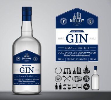 Vektör Londrası kuru cin etiketi şablonu ve cam şişe maketi. Cin ve damıtma ticari markalaşma ve kimlik tasarım elementleri