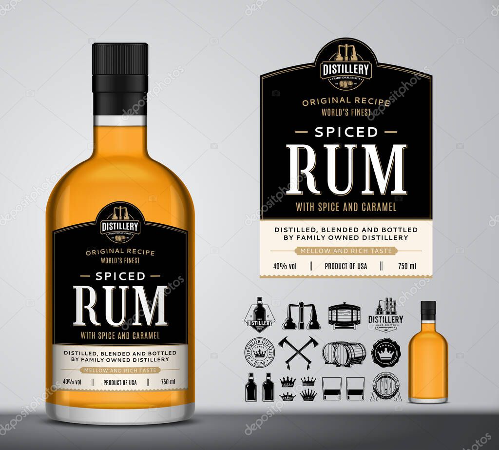 Vector spiced rum label template. Rum glass bottle mockup. Distilling industry branding and identity design elements