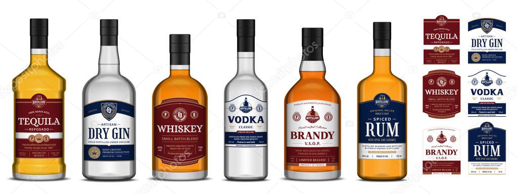 Vector alcoholic drink labels and bottles. Whiskey, vodka, tequila, rum, brandy and gin labels