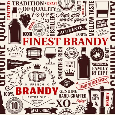 Vektör tipografik brendi pürüzsüz desen ya da arka plan. Brandy ve damıtma simgeleri, markalaşma ve tasarım elementleri