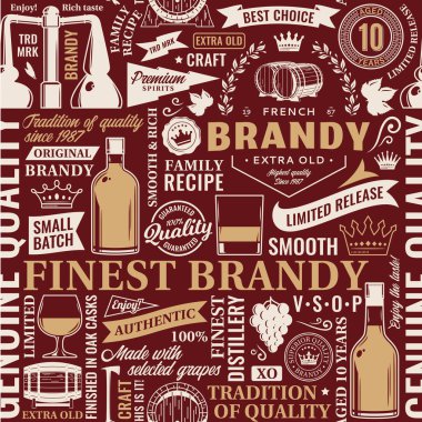 Vektör tipografik brendi pürüzsüz desen ya da arka plan. Brandy ve damıtma simgeleri, markalaşma ve tasarım elementleri