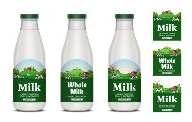 Çiftlikli süt etiketleri, inekler ve buzağılar. Etiketli süt şişeleri. Vektör illüstrasyonu