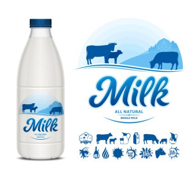 Vektör süt etiketi. Etiketli süt plastik şişesi. Süt simgeleri ve tasarım elementleri