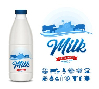 Vektör süt etiketi. Etiketli süt plastik şişesi. Süt simgeleri ve tasarım elementleri