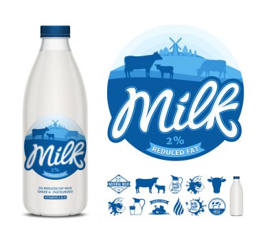 Vektör süt etiketi. Etiketli süt plastik şişesi. Süt simgeleri ve tasarım elementleri
