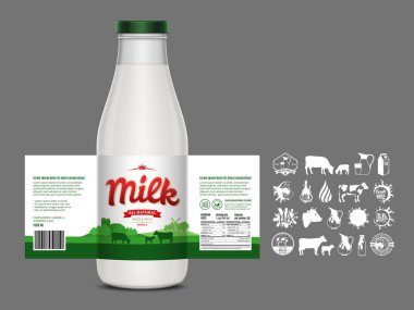 Vektör süt etiketi tasarımı, ambalaj tasarımı şablonu. Etiketli süt şişesi. Süt ikonları ve tasarım elementleri, mandıra resimlemesi