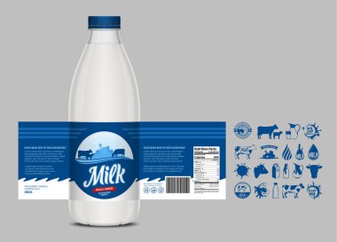 Vektör süt etiketi tasarımı, ambalaj tasarımı şablonu. Etiketli süt şişesi. Süt simgeleri ve tasarım elementleri