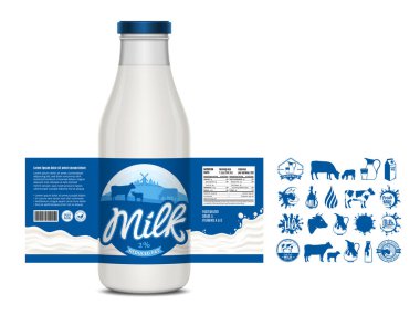 Vektör süt etiketi tasarımı, ambalaj tasarımı şablonu. Etiketli süt şişesi. Süt simgeleri ve tasarım elementleri
