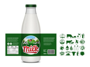 Vektör süt etiketi tasarımı, ambalaj tasarımı şablonu. Etiketli süt şişesi. Süt ikonları ve tasarım elementleri, mandıra resimlemesi