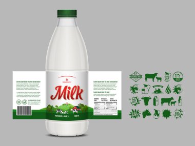 Vektör süt etiketi tasarımı, ambalaj tasarımı şablonu. Etiketli süt şişesi. Süt ikonları ve tasarım elementleri, mandıra resimlemesi