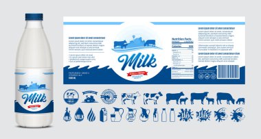 Vektör süt etiketi tasarımı, ambalaj tasarımı şablonu. Etiketli süt şişesi. Süt ikonları ve tasarım elementleri, gıda afişi, mandıra resimleri