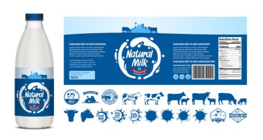 Vektör süt etiketi tasarımı, ambalaj tasarımı şablonu. Etiketli süt şişesi. Süt ikonları ve tasarım elementleri, gıda afişi, mandıra resimleri