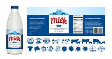 Vektör süt etiketi tasarımı, ambalaj tasarımı şablonu. Etiketli süt şişesi. Süt ikonları ve tasarım elementleri, gıda afişi, mandıra resimleri