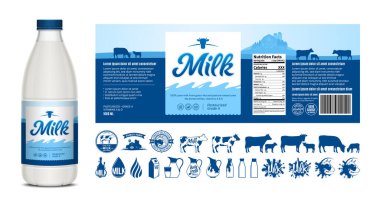 Vektör süt etiketi tasarımı, ambalaj tasarımı şablonu. Etiketli süt şişesi. Süt ikonları ve tasarım elementleri, gıda afişi, mandıra resimleri