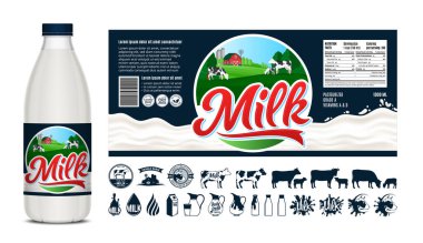 Vektör süt etiketi tasarımı, ambalaj tasarımı şablonu. Etiketli süt şişesi. Süt ikonları ve tasarım elementleri, gıda afişi, mandıra resimleri