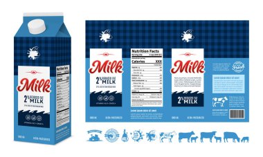 Vektör süt karton tasarım şablonu. Süt kutusu maketi. Süt simgeleri ve tasarım elementleri