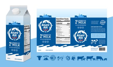 Vektör süt karton tasarım şablonu. Süt kutusu maketi. Süt simgeleri ve tasarım elementleri