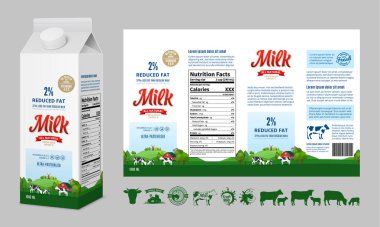 Vektör süt karton tasarım şablonu. Süt kutusu maketi. Süt simgeleri ve tasarım elementleri