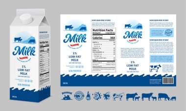 Vektör süt karton tasarım şablonu. Süt kutusu çizimi. Süt simgeleri ve tasarım elementleri