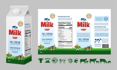 Vektör süt kutusu tasarım şablonu. Süt karton ambalaj çizimi. Süt simgeleri ve tasarım elementleri