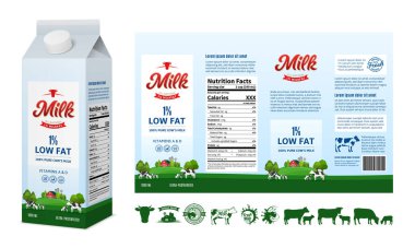 Vektör süt karton tasarım şablonu. Süt kutusu çizimi. Süt simgeleri ve tasarım elementleri