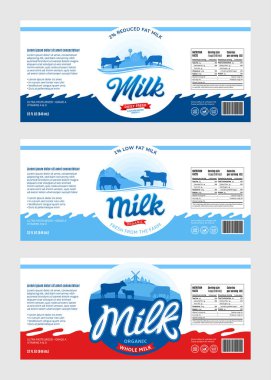 Süt etiketleri. Süt paketleme tasarım şablonları, süt ürünü markalaşması ve kimlik