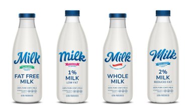 Vektör süt etiketleri, süt bardakları ve plastik şişeler