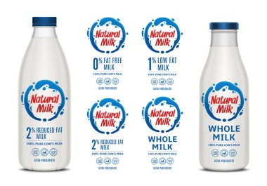 Vektör süt etiketleri. Bardak ve etiketli plastik süt şişeleri.