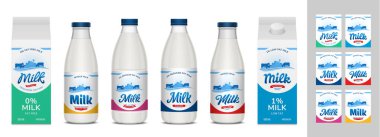 Şişelerdeki süt etiketleri, karton kutular. Tam yağlı, az yağlı, laktozsuz süt etiketli. Süt ürünleri markası ve kimlik tasarım elementleri