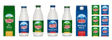 Şişelerdeki süt etiketleri, karton kutular. Tam yağlı, az yağlı, laktozsuz süt etiketli. Süt ürünleri markası ve kimlik tasarım elementleri