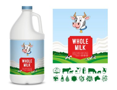 Vektör süt sürahi tasarım şablonu. Süt plastik sürahi maketi. Süt simgeleri ve tasarım elementleri