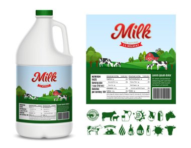 Vektör süt etiketi ve sürahi tasarım şablonu. Süt plastik sürahi maketi