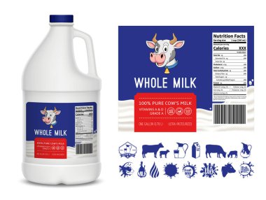 Vektör süt etiketi tasarımı şablonu ve plastik süt sürahisi illüstrasyonu