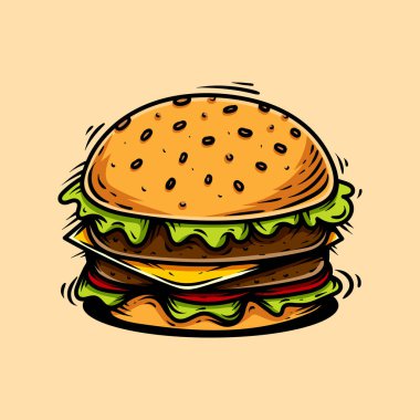 Büyük renkli çift peynirli burger izole edilmiş tasarım vektör vintage el çizimi