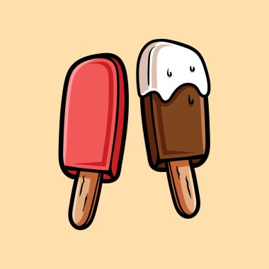 Çilekli çubuk ve çikolatalı vanilyalı dondurma renkli izole edilmiş çizim çizimi klasik klasik tasarım çizimi.