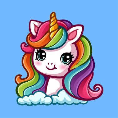 Bulutların üzerinde şirin, eğlenceli tek boynuzlu at izole edilmiş renkli çizim çizimi klasik klasik tasarım çizimi çizimi