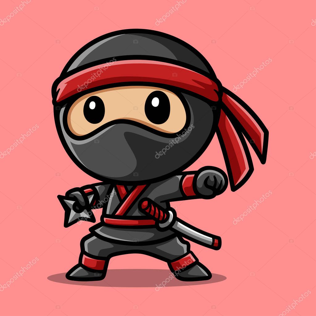 Funny ninja with shuriken cartoon isolated colored drawing line art style sketch classic vintage design illustration