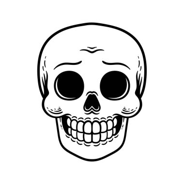 Eğlenceli, gülümseyen kafatası çizgi film karakteri izole edilmiş çizim sanatı tarzı klasik klasik klasik tasarım çizimi çizimi