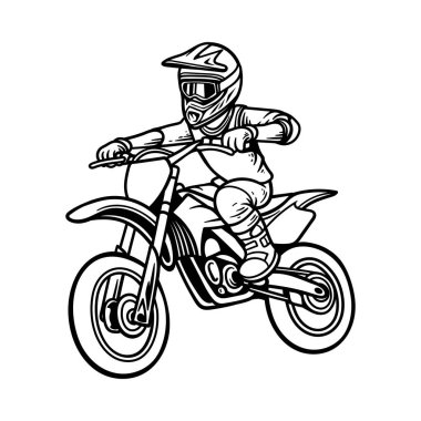 Motokros supermoto çizgi film karakteri izole çizim biçimi çizimi klasik klasik tasarım çizimi illüstrasyonu