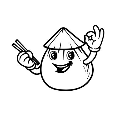 yemek çubuğu ve hasır şapka karikatür karakteri izole çizim tarzı çizim klasik klasik tasarım çizimi