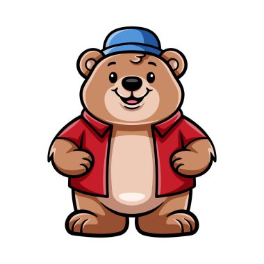 Giysileri ve şapkasıyla eğlenceli şirin bir ayı. Çizgi film karakteri. Renkli çizim çizimi.