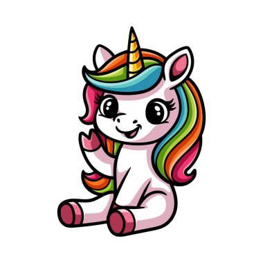 Eğlenceli, şirin, tek boynuzlu at renkli çizgi film karakteri izole edilmiş çizim stili klasik klasik tasarım çizimi çizimi