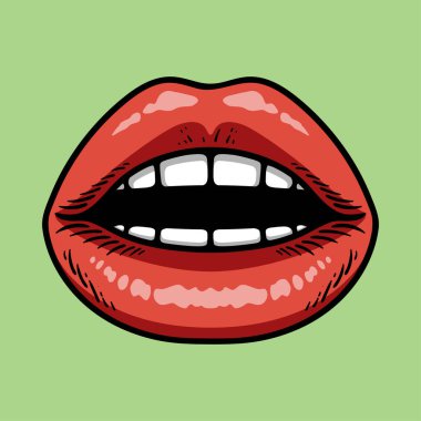Dişleri olan dudaklar karikatür renkli izole çizim tarzı klasik klasik klasik tasarım çizimi çizimi