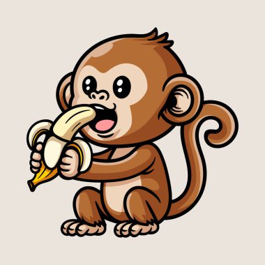 Muz renkli çizgi film karakteri olan komik, şirin, oturaklı maymun çizim stili klasik klasik tasarım çizimi çizimi.