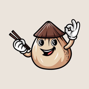 yemek çubuğu ve hasır şapka ile eğlenceli mutlu dim sum çizgi film karakteri izole çizim tarzı çizim klasik klasik tasarım illüstrasyon